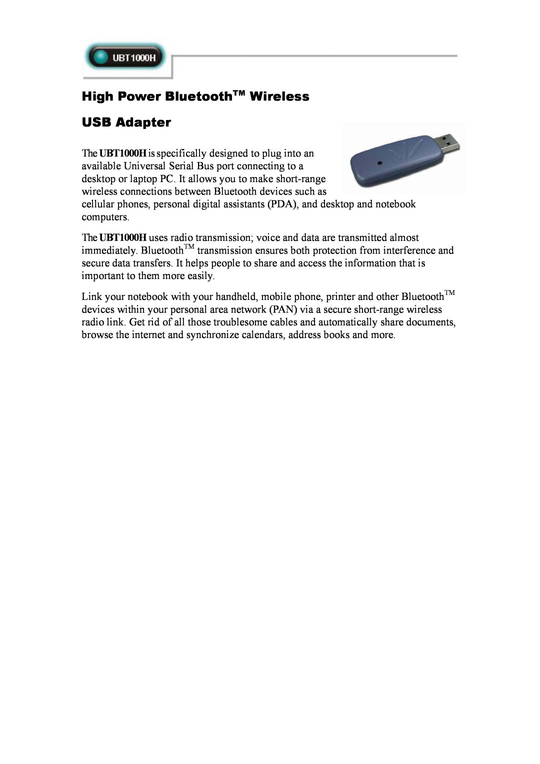 Abocom UBT1000H manual High Power BluetoothTM Wireless USB Adapter 