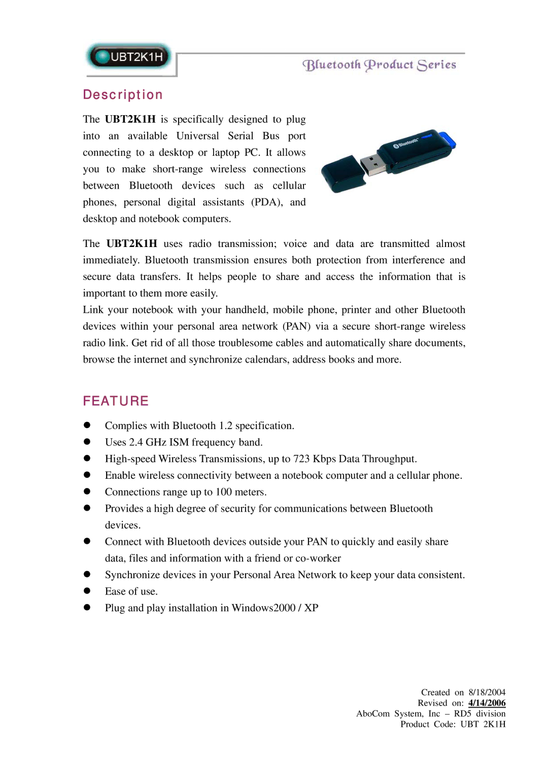 Abocom UBT2K1H manual Description, Feature 