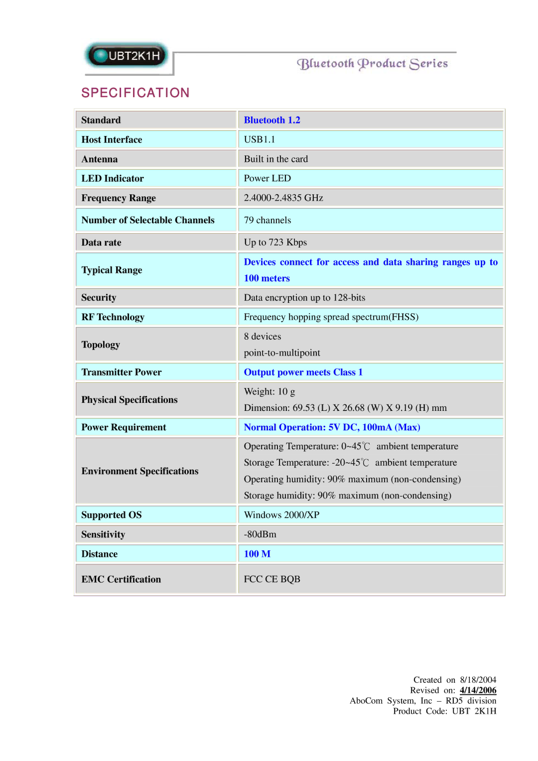 Abocom UBT2K1H manual Specification, Bluetooth, Output power meets Class, Normal Operation 5V DC, 100mA Max, 100 M 