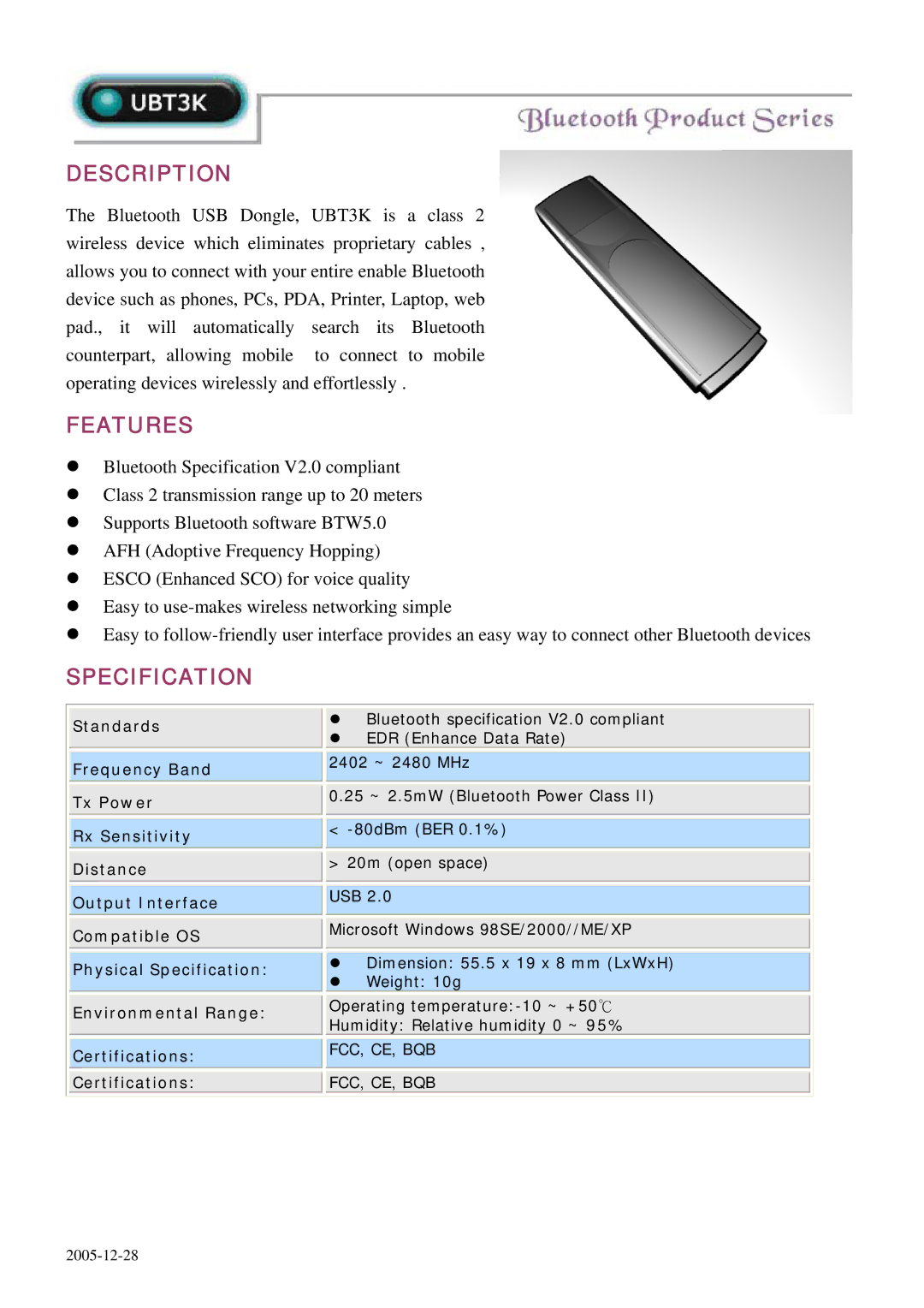 Abocom UBT3K specifications Description, Features, Specification 