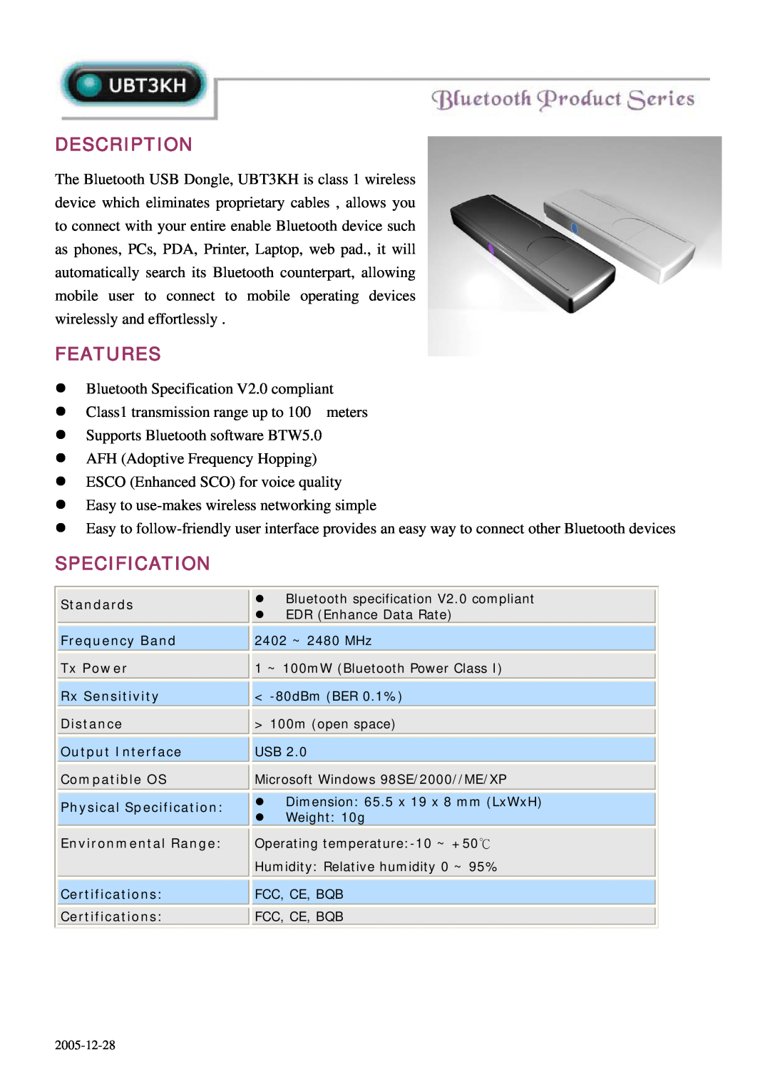 Abocom UBT3KH specifications Description, Features, Specification 