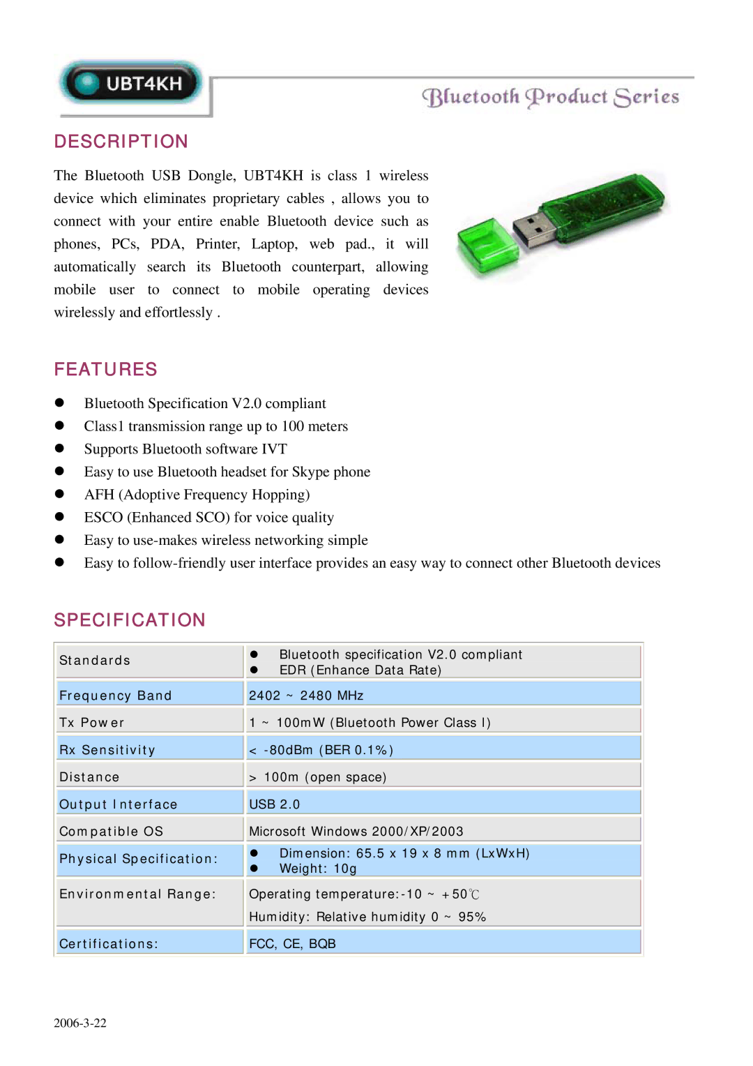 Abocom UBT4KH specifications Description, Features, Specification 