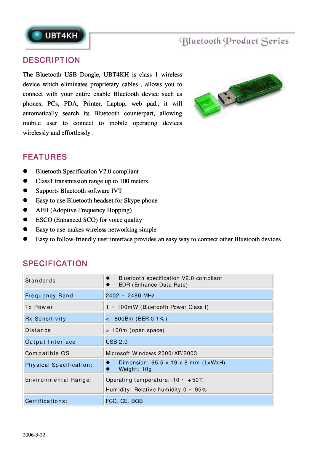 Abocom UBT4KH specifications Description, Features, Specification 