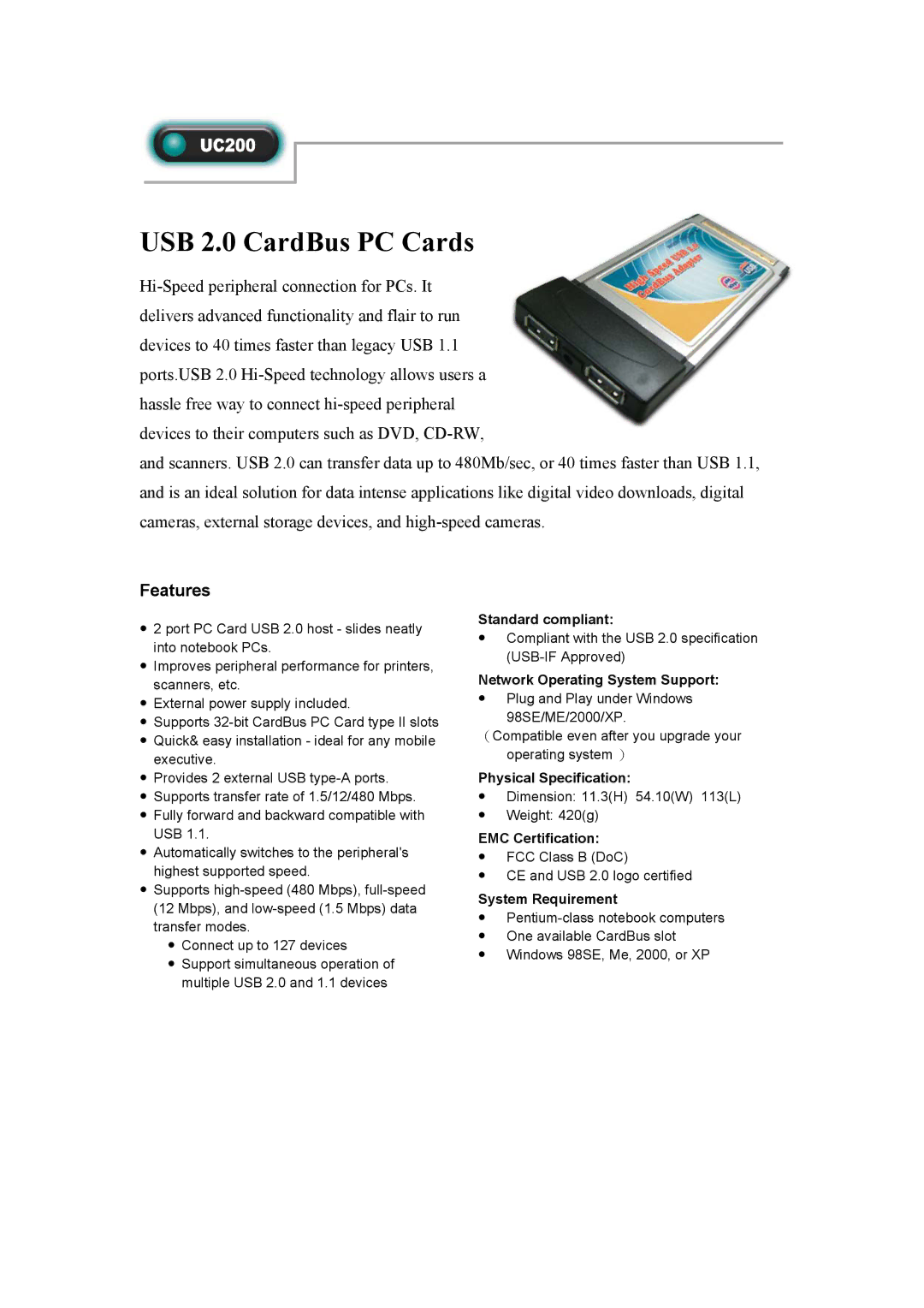 Abocom UC200 manual USB 2.0 CardBus PC Cards, Features 