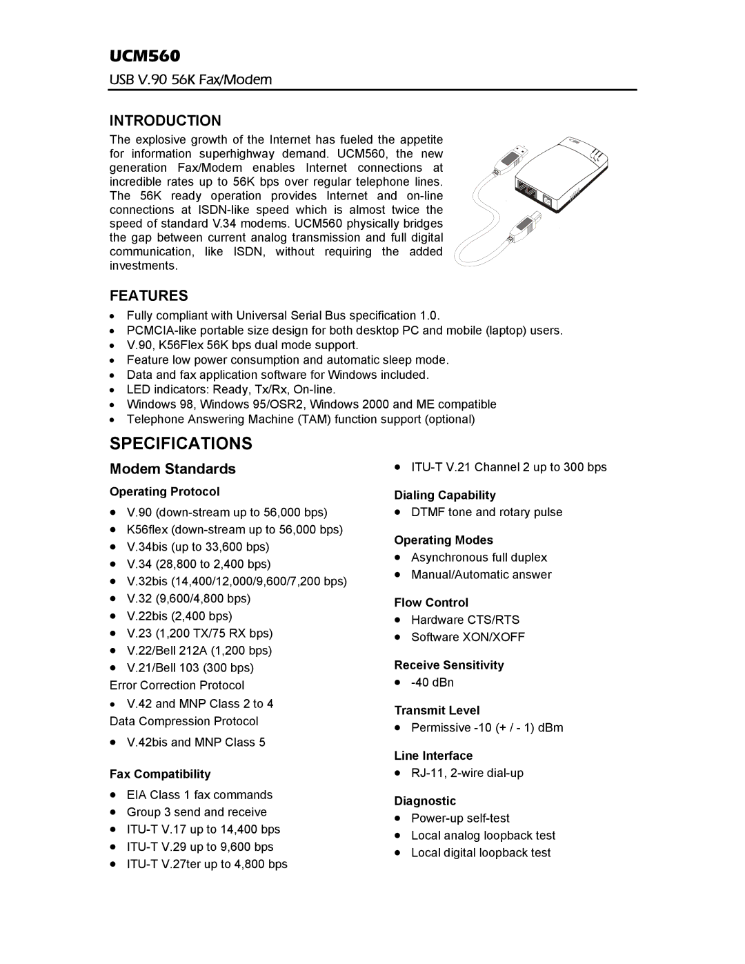 Abocom UCM560 manual Specifications, Introduction, Features 