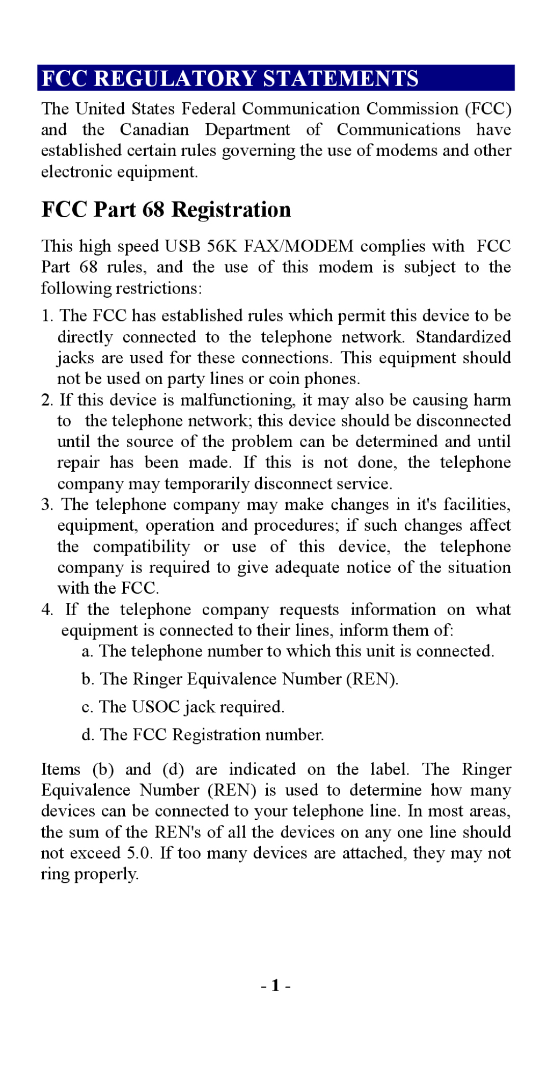 Abocom UCM56CR manual FCC Regulatory Statements 