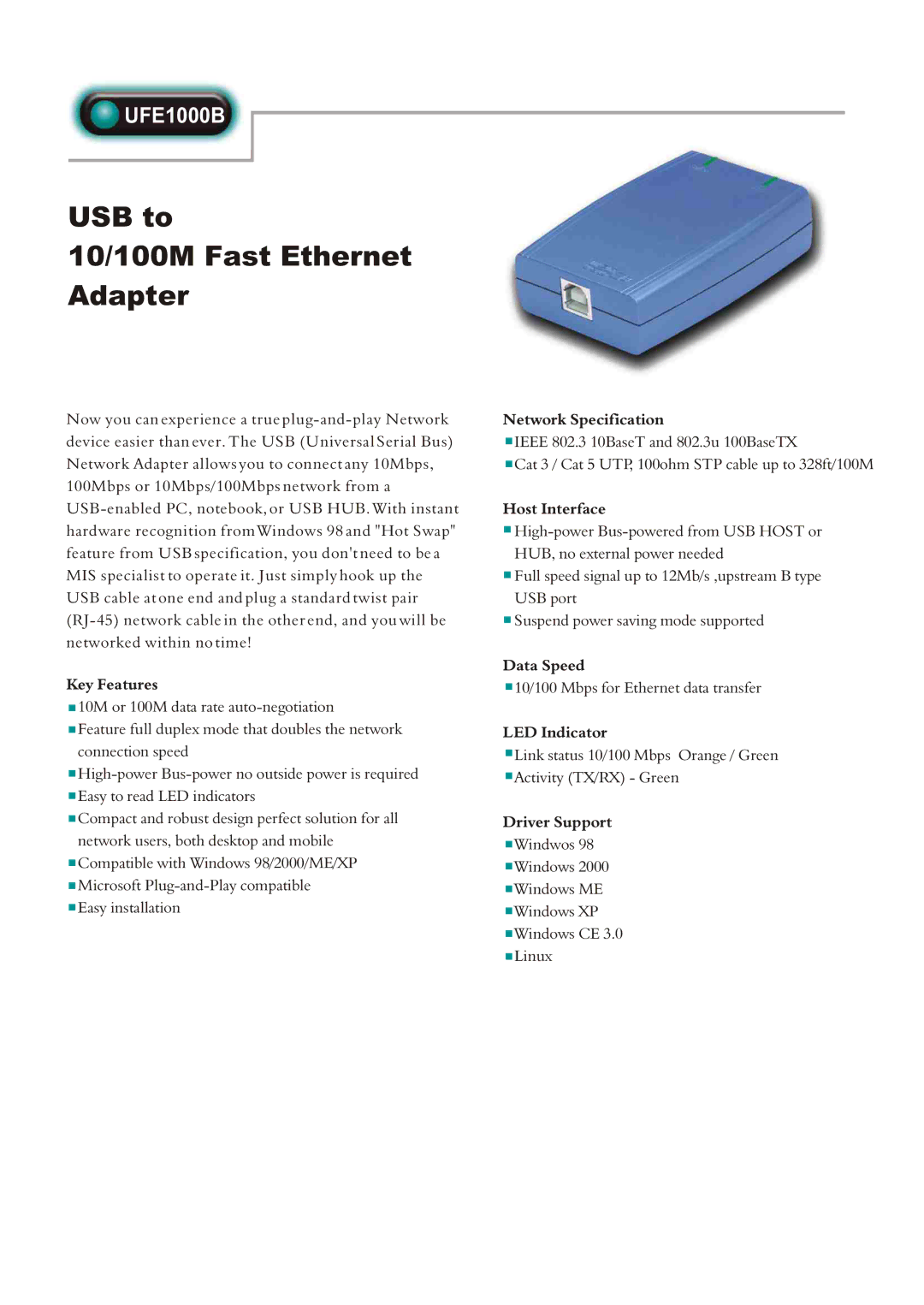 Abocom UFE1000B manual USB to 10/100M Fast Ethernet Adapter 