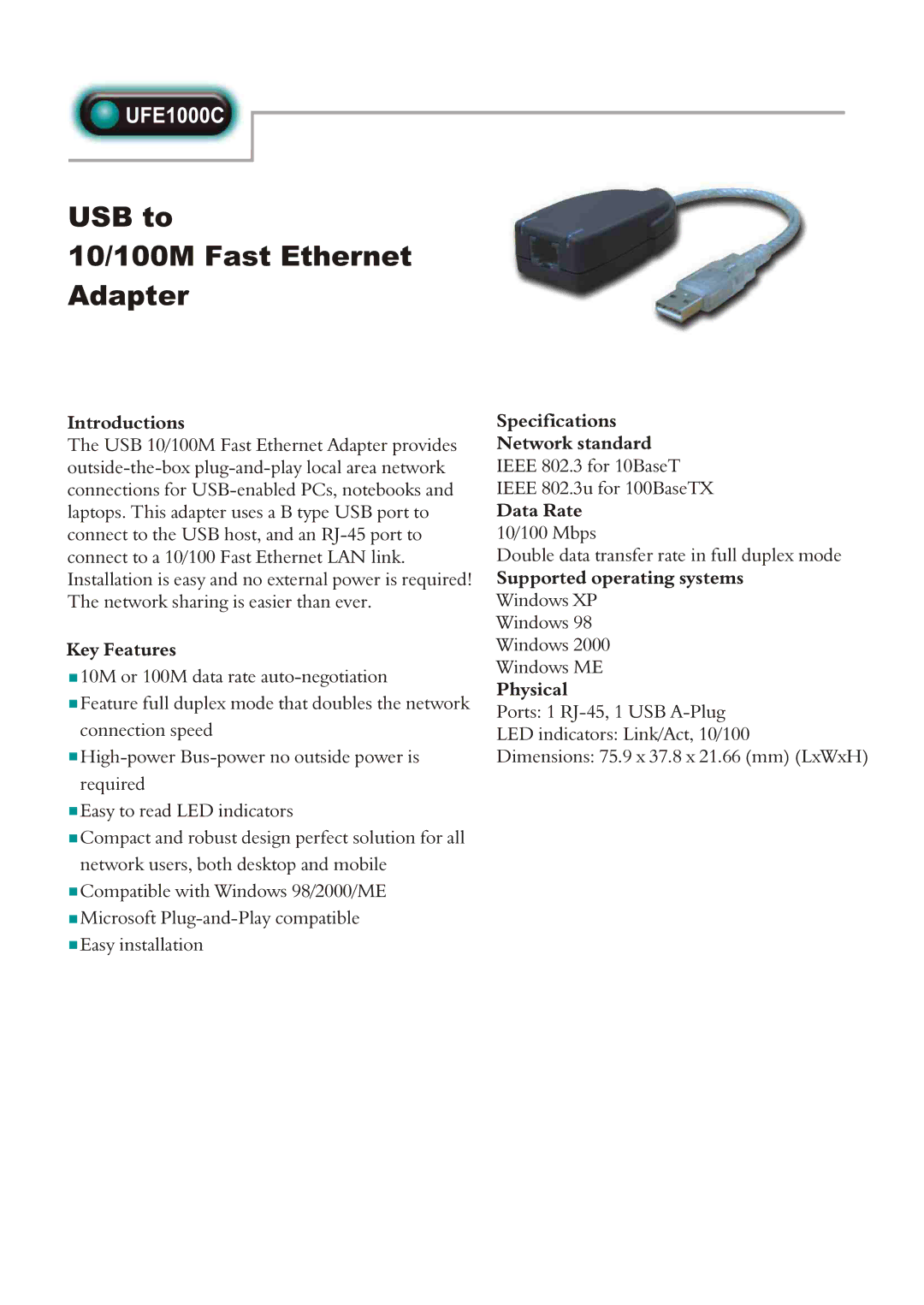 Abocom UFE1000C specifications USB to 10/100M Fast Ethernet Adapter 