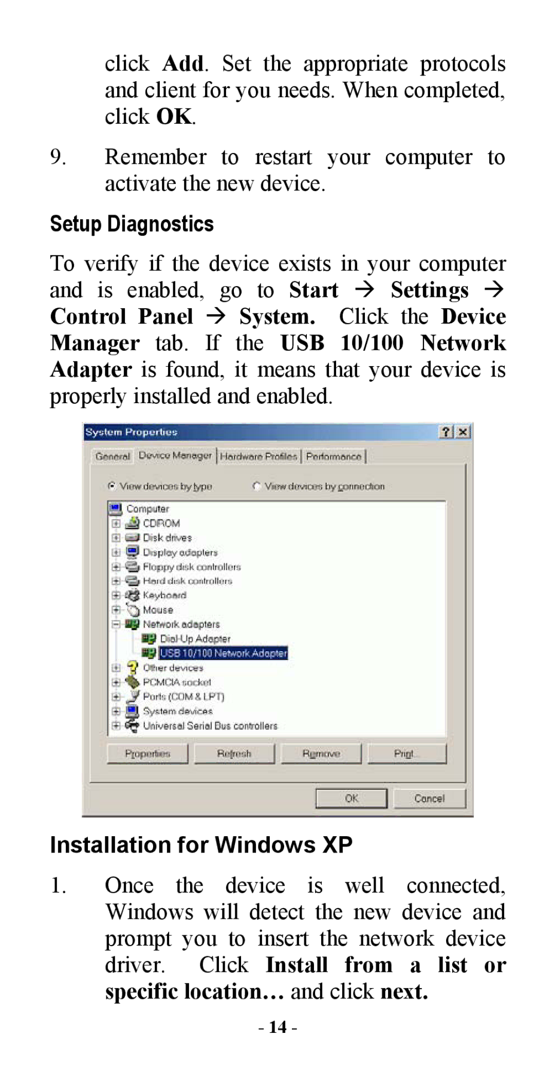 Abocom UFE1500 manual Setup Diagnostics, Installation for Windows XP 