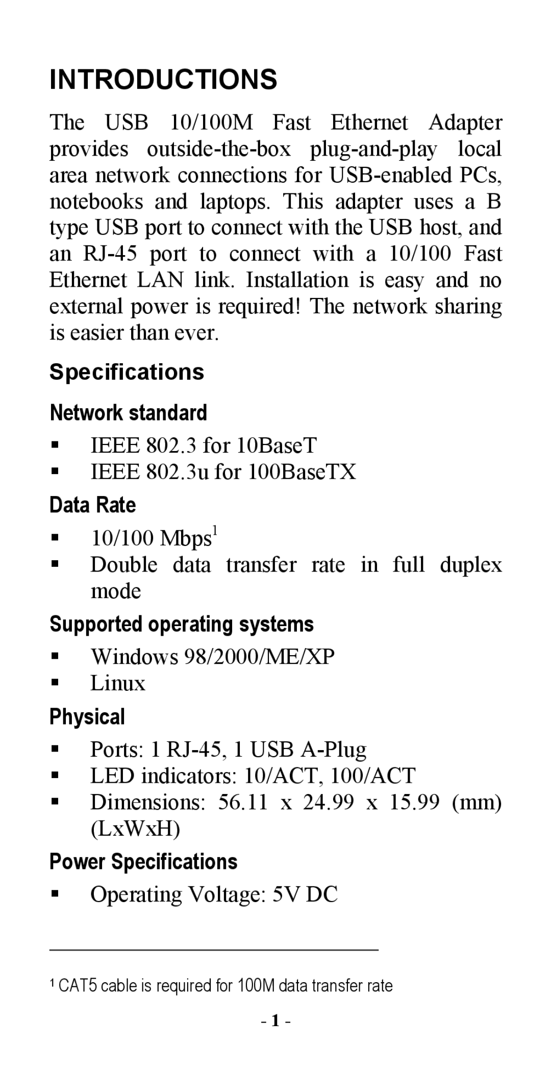 Abocom UFE1500 Specifications Network standard, Data Rate, Supported operating systems, Physical, Power Specifications 