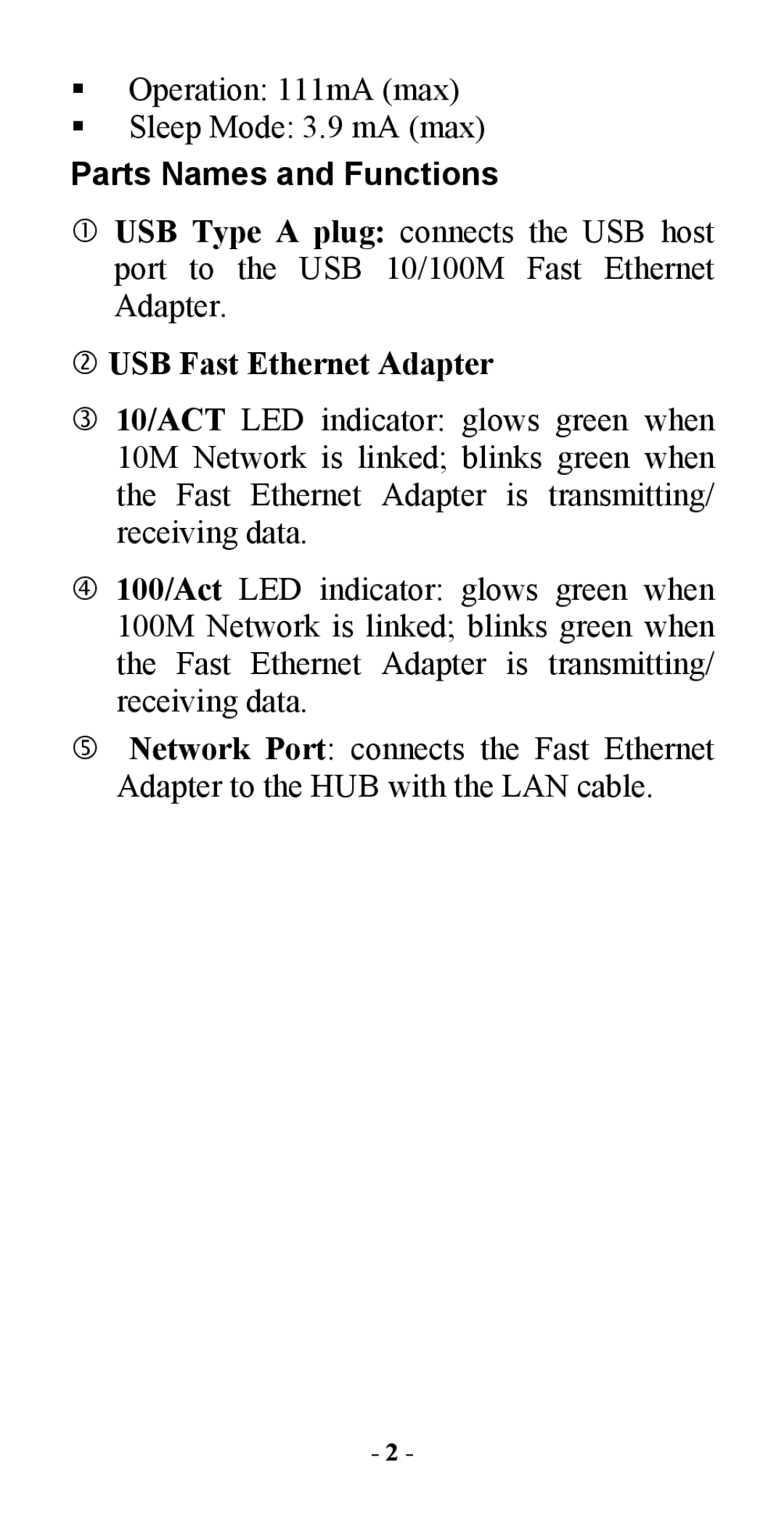 Abocom UFE1500 manual Parts Names and Functions, USB Fast Ethernet Adapter 