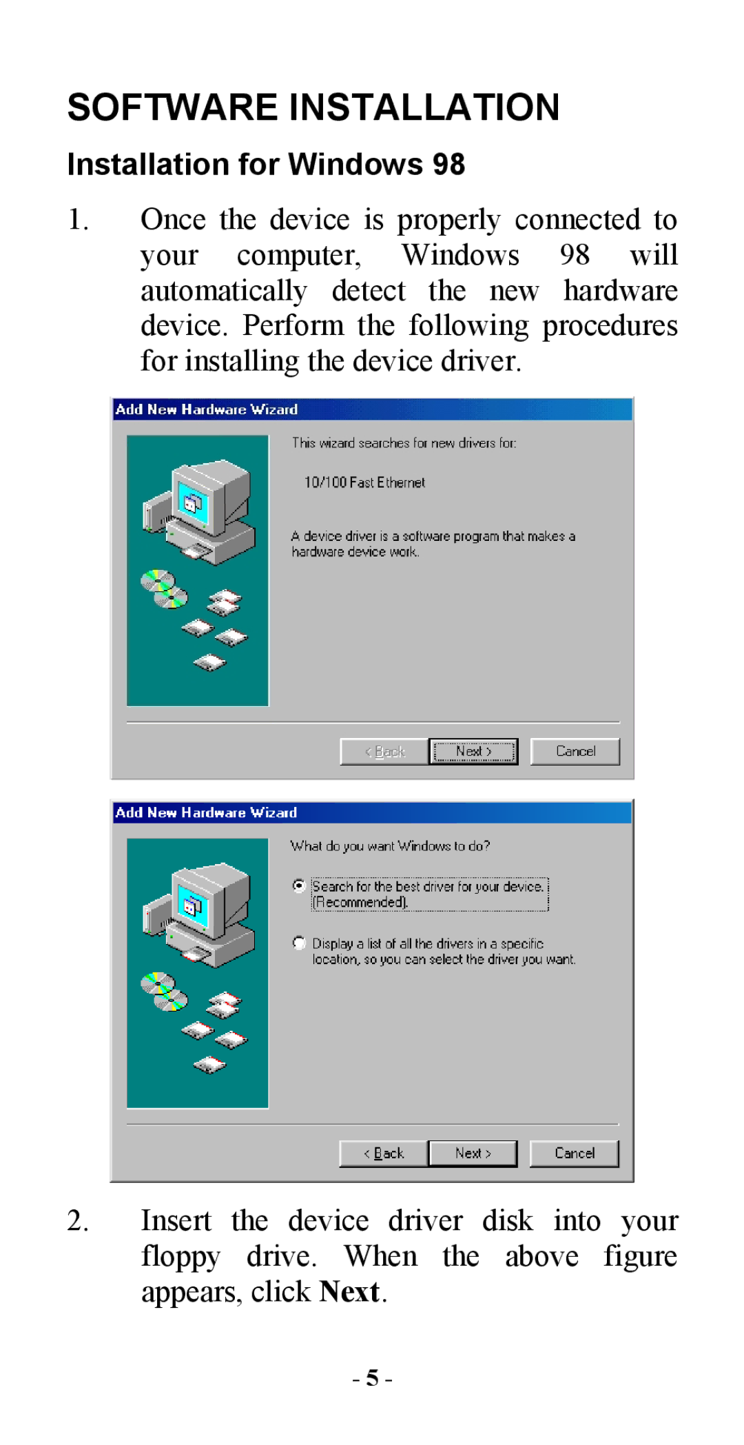 Abocom UFE1500 manual Software Installation, Installation for Windows 