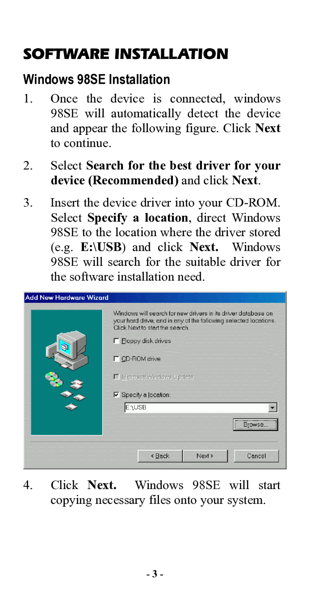 Abocom UFT128S manual Software Installation, Windows 98SE Installation 