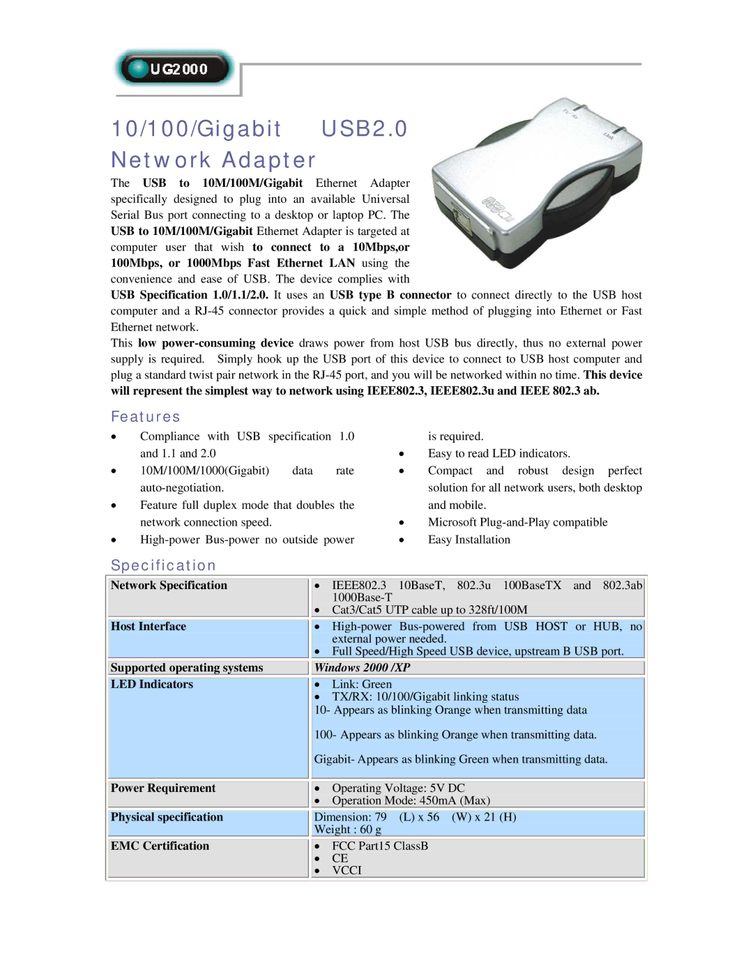 Abocom UG2000 manual 10/100/Gigabit USB2.0 Network Adapter, Features, Specification, Windows 2000 /XP 