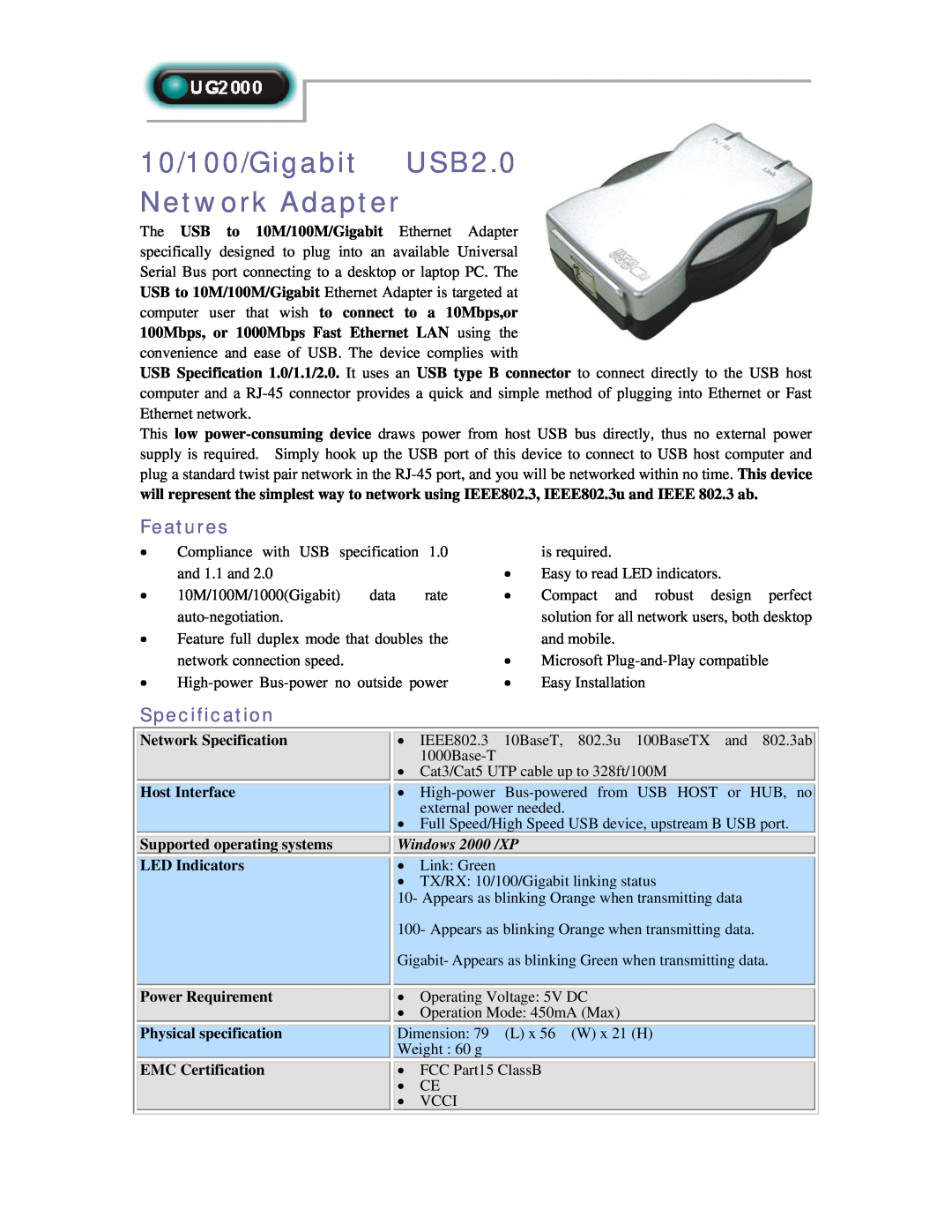 Abocom UG2000 manual 10/100/Gigabit USB2.0 Network Adapter, Features, Specification, Windows 2000 /XP 