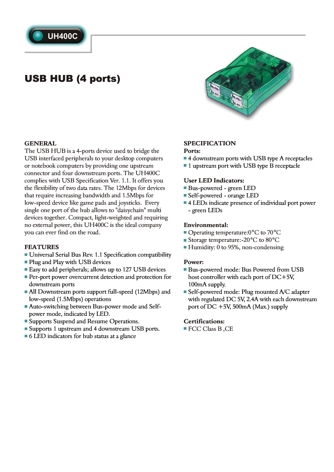 Abocom UH400C manual USB HUB 4 ports, General, Features, SPECIFICATION Ports, User LED Indicators, Environmental, Power 