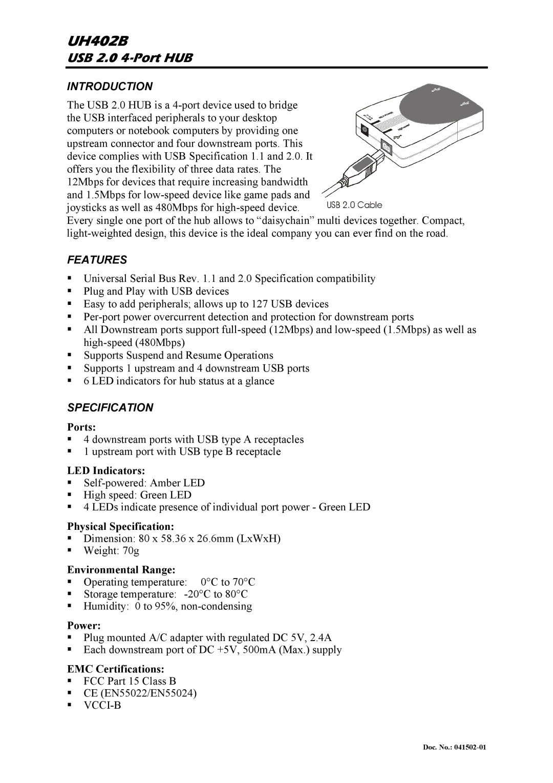 Abocom UH402B manual USB 2.0 4-Port HUB, Introduction, Features, Specification 