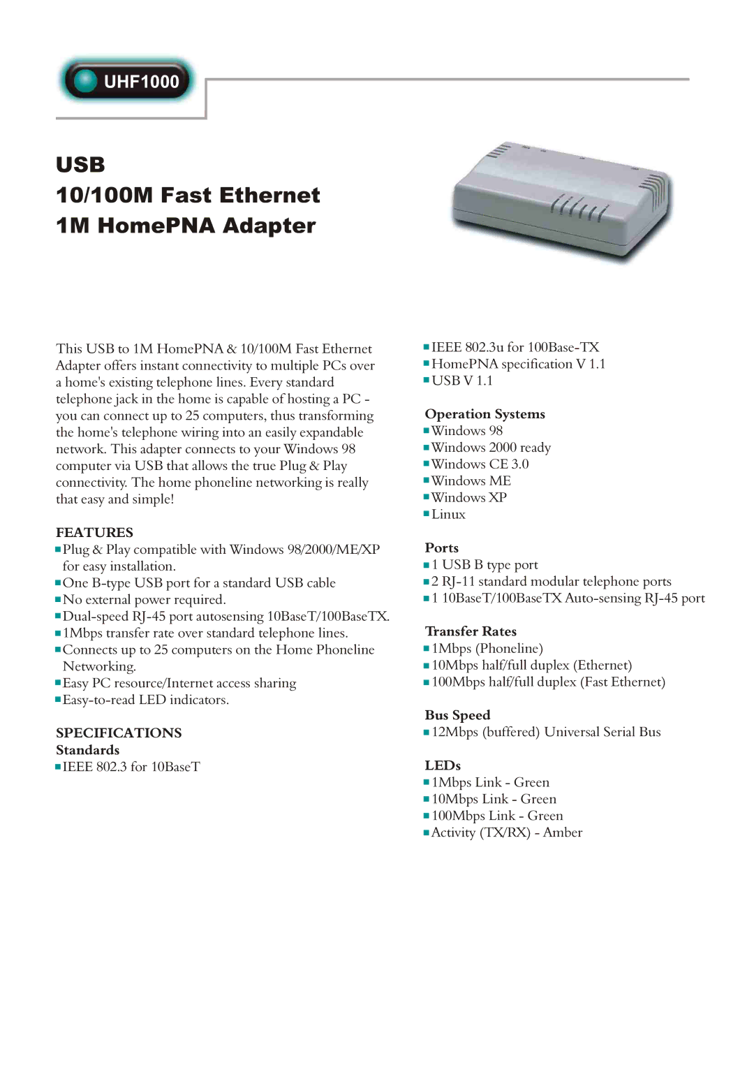 Abocom UHF1000 specifications Usb, 10/100M Fast Ethernet 1M HomePNA Adapter, Features, Specifications 