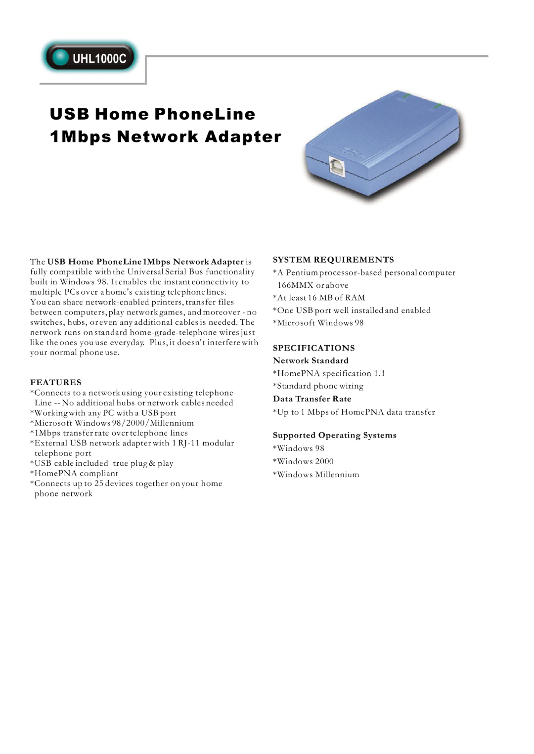 Abocom UHL1000C specifications USB Home PhoneLine 1Mbps Network Adapter, Features, System Requirements, Specifications 