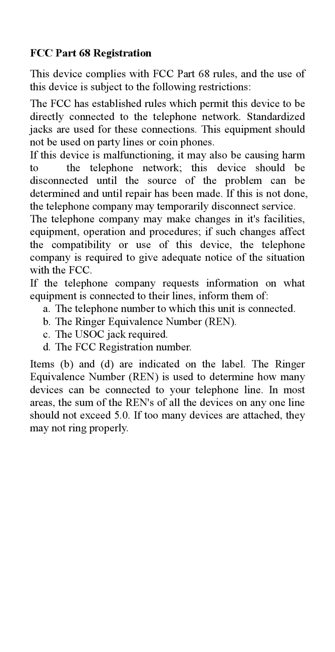 Abocom UHL2000 manual FCC Part 68 Registration 