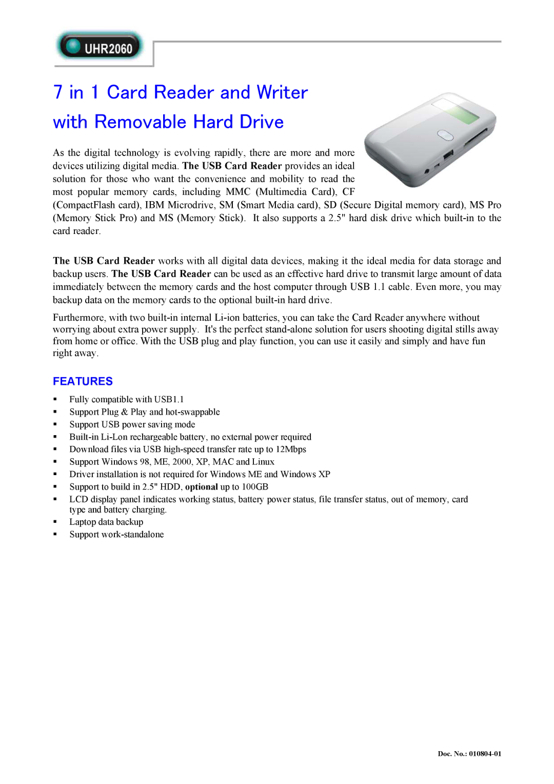 Abocom UHR2060 manual Card Reader and Writer with Removable Hard Drive, Features 