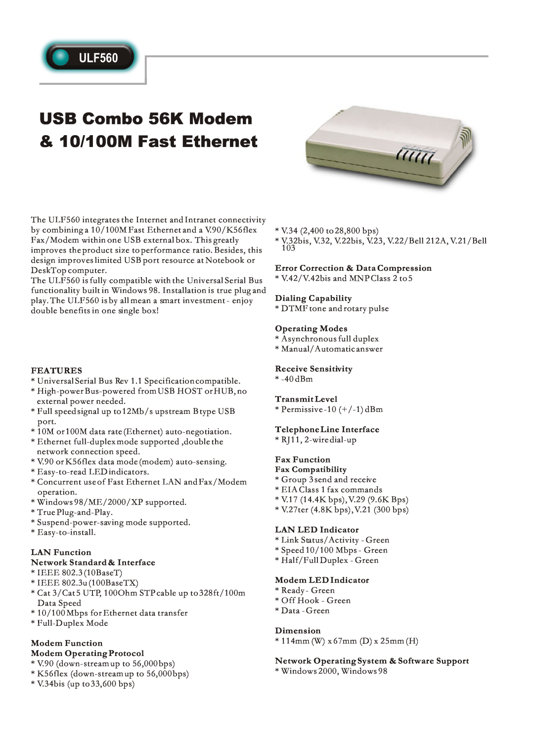 Abocom ULF560 manual USB Combo 56K Modem 10/100M Fast Ethernet 