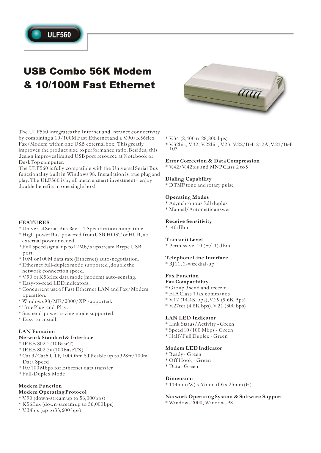 Abocom ULF560 manual USB Combo 56K Modem 10/100M Fast Ethernet, Features 