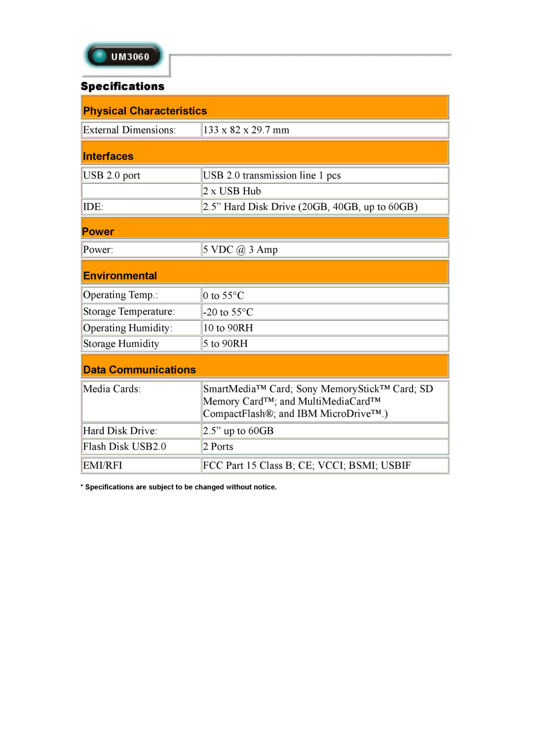 Abocom UM3060 manual Specifications Physical Characteristics, Interfaces, Power, Environmental, Data Communications 