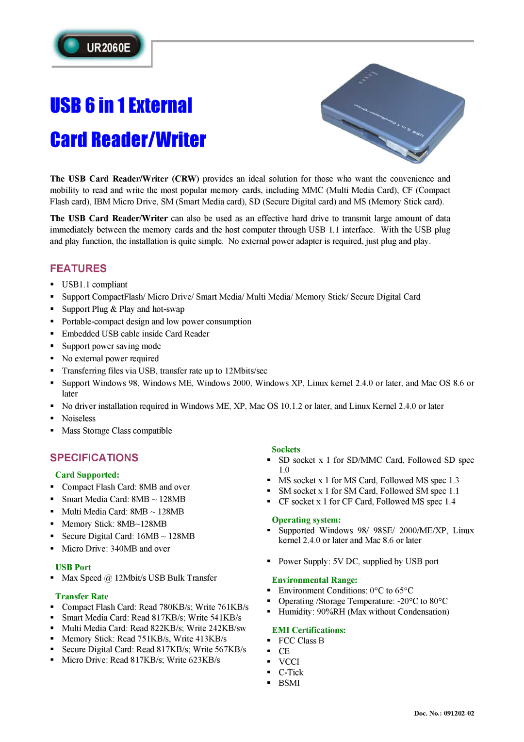 Abocom UR2060 specifications USB 6 in 1 External Card Reader/Writer, Features, Specifications 