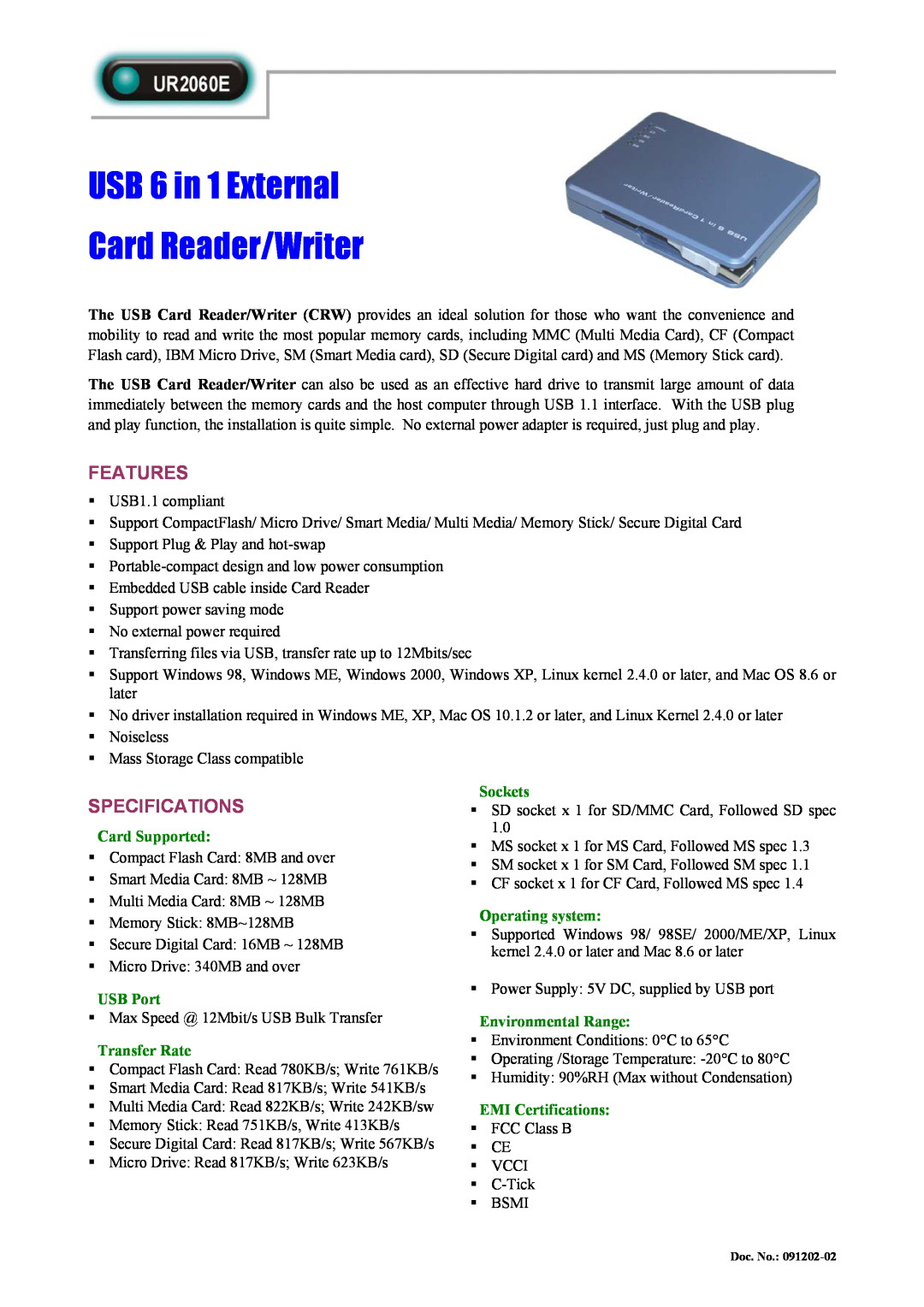 Abocom UR2060 specifications USB 6 in 1 External Card Reader/Writer, Features, Specifications, Sockets, Card Supported 
