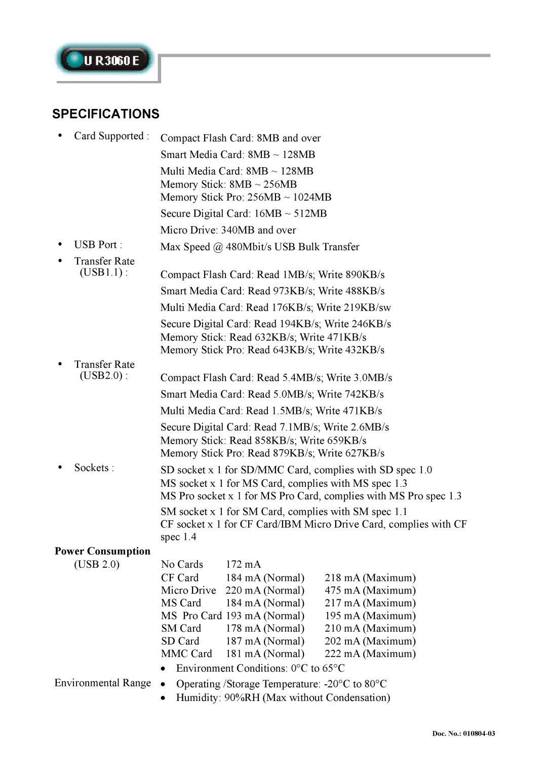 Abocom UR3060E manual Specifications, Power Consumption 