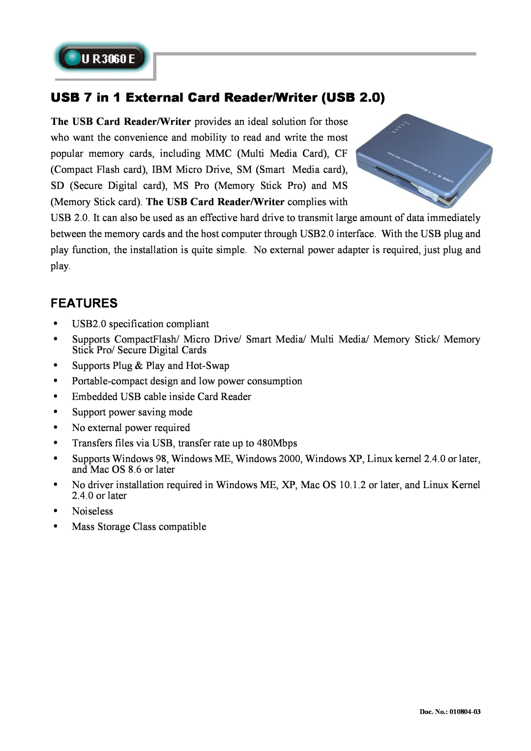 Abocom UR3060E manual USB 7 in 1 External Card Reader/Writer USB, Features 