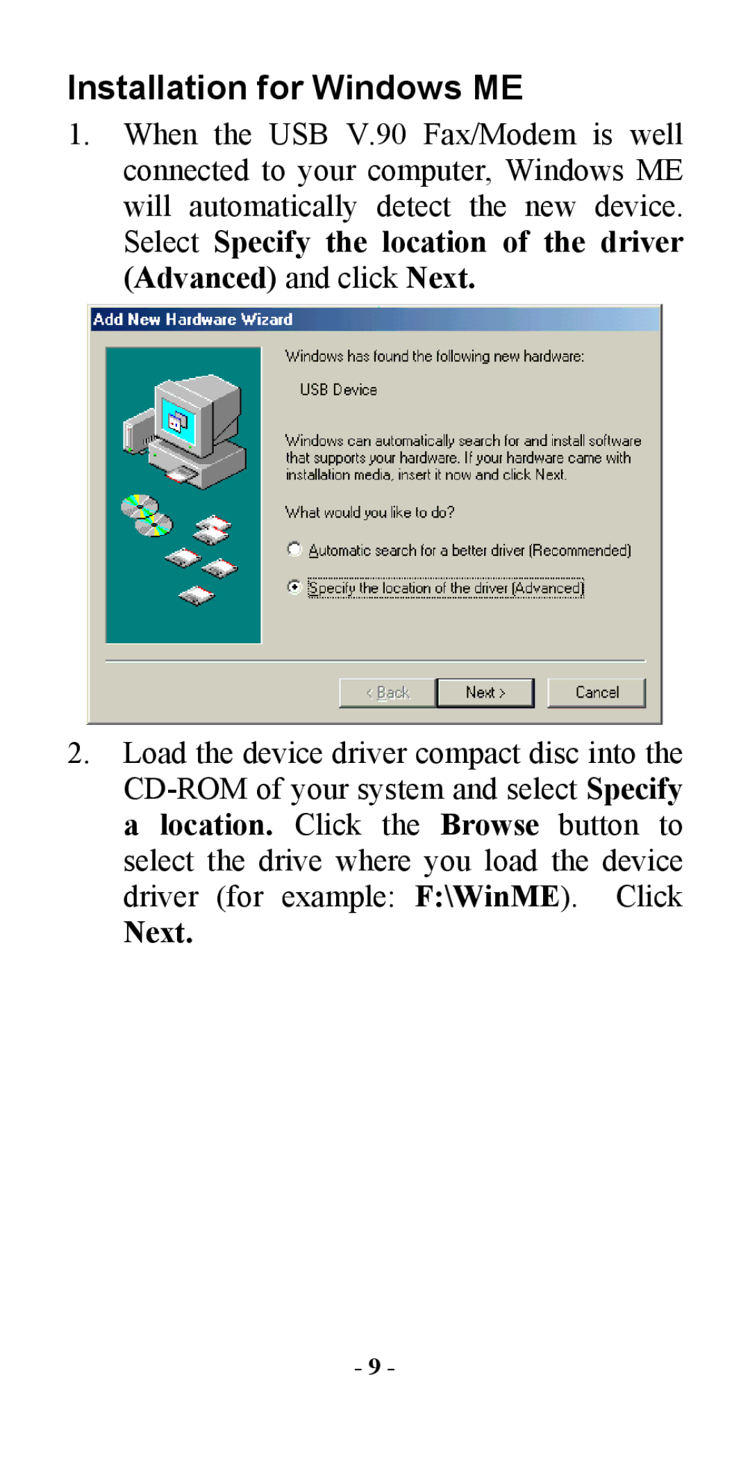 Abocom USM560 manual Installation for Windows ME, Next 