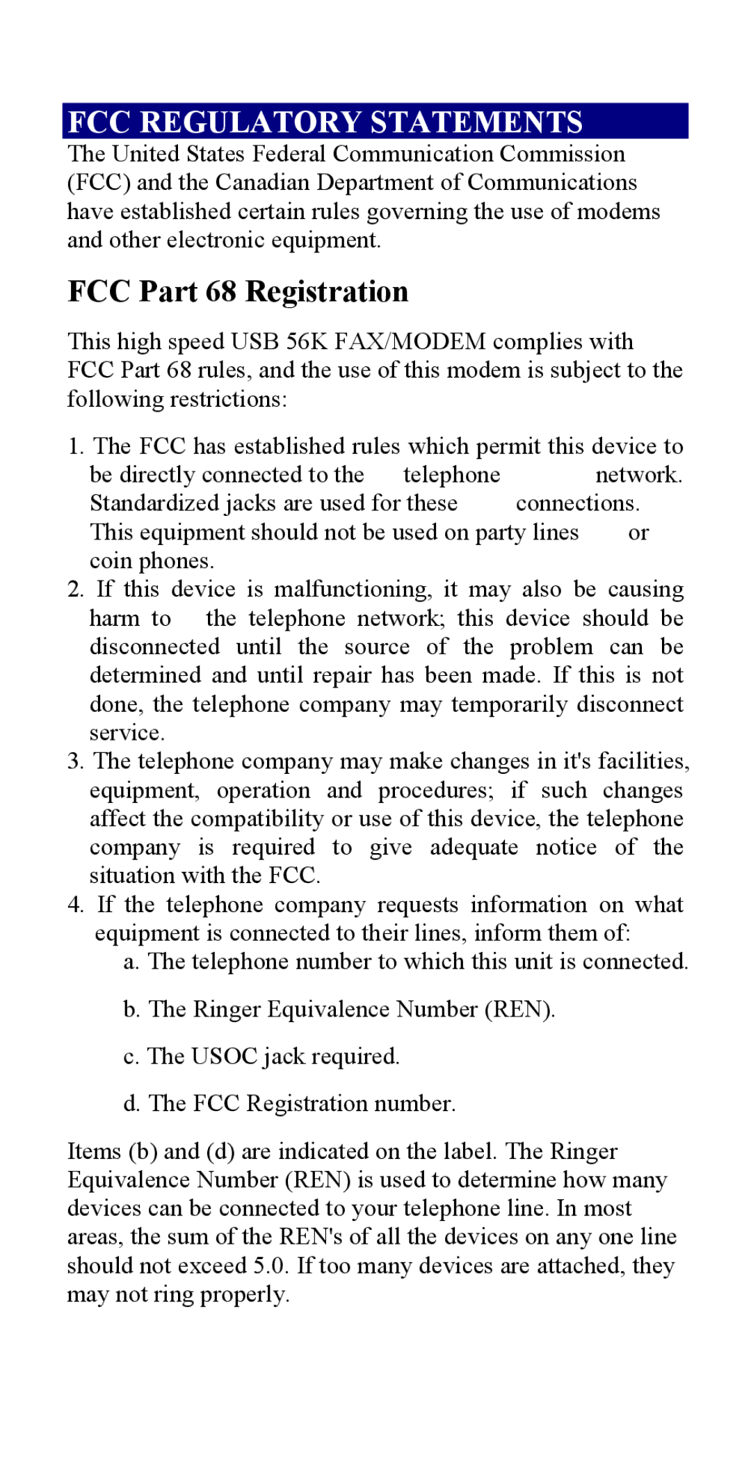 Abocom USM560 manual FCC Regulatory Statements, FCC Part 68 Registration 