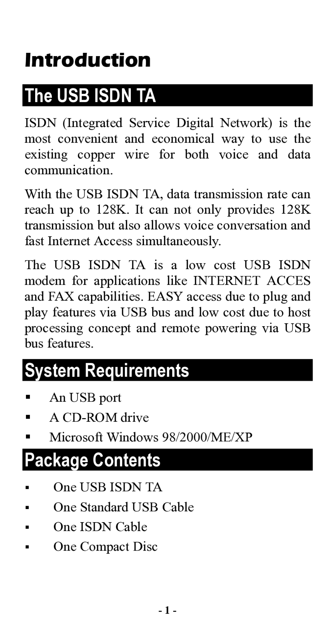 Abocom UTA128 manual Introduction, USB Isdn TA, System Requirements, Package Contents 