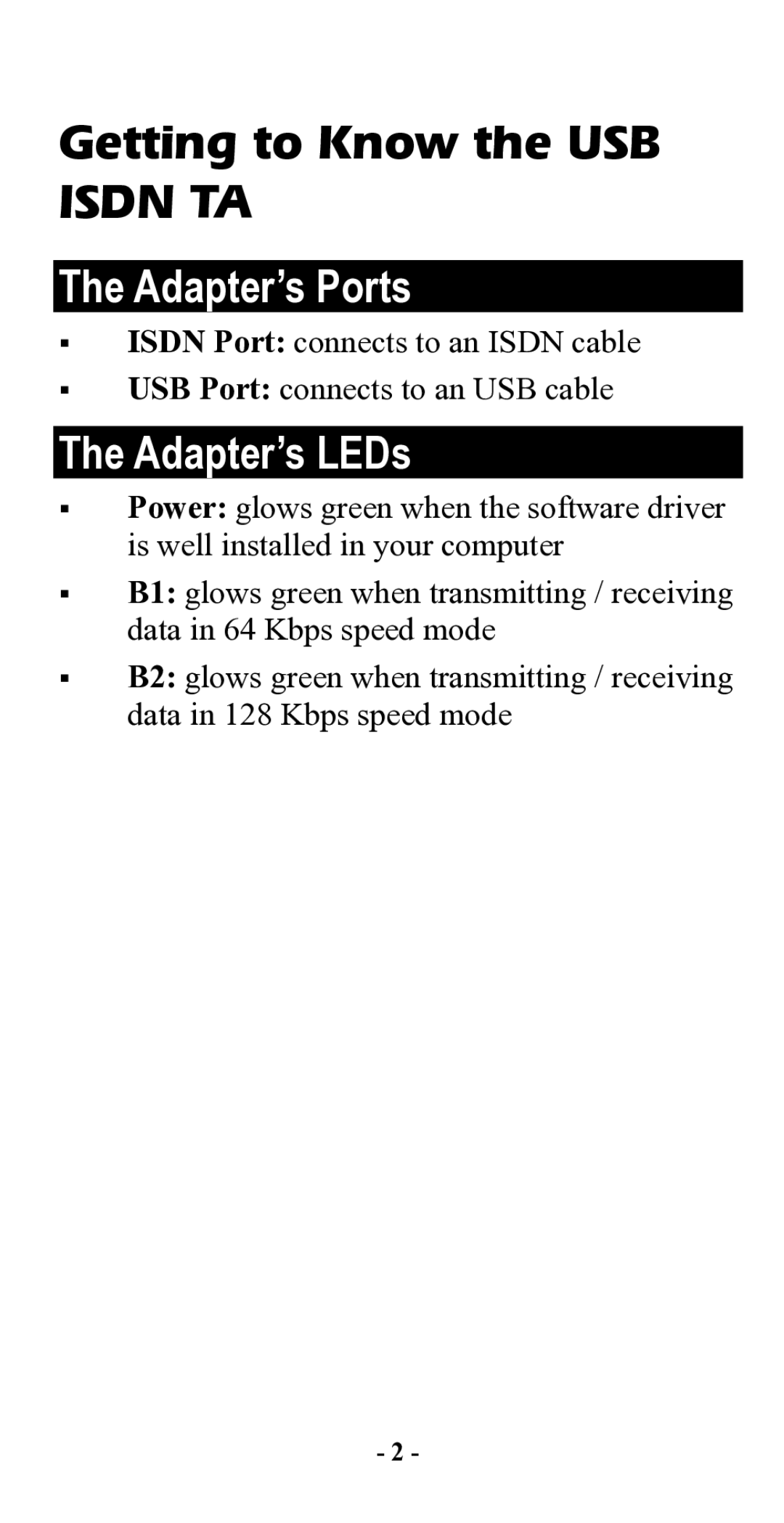 Abocom UTA128 manual Getting to Know the USB Isdn TA, Adapter’s Ports, Adapter’s LEDs 