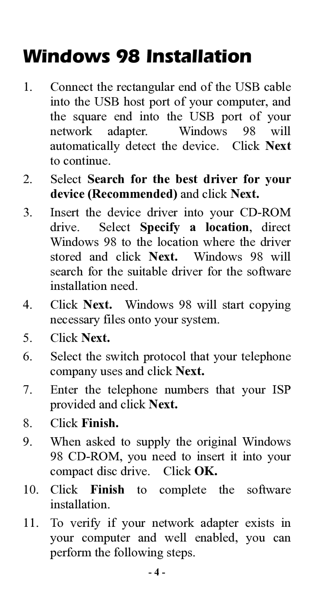 Abocom UTA128 manual Windows 98 Installation, Click Finish 