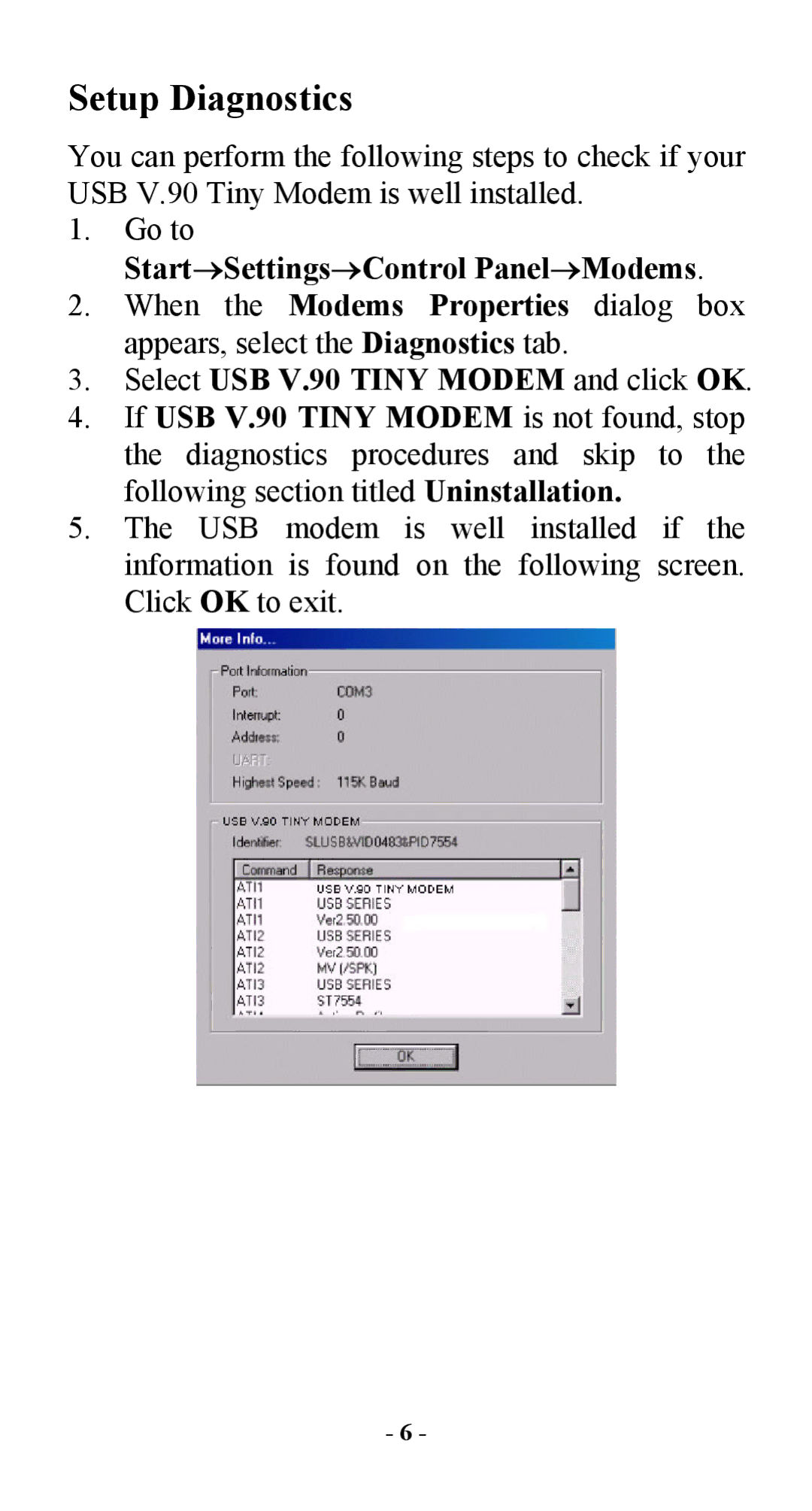 Abocom UTM560 manual Start→Settings→Control Panel→Modems, Select USB V.90 Tiny Modem and click OK 