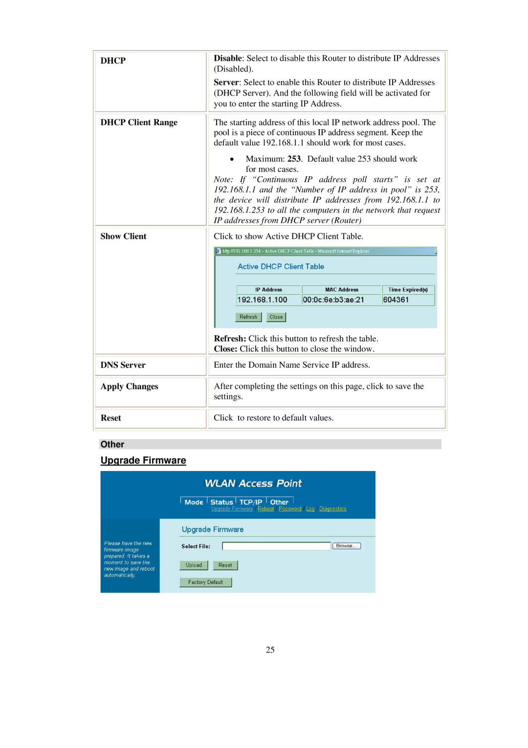 Abocom WAP2102 manual Upgrade Firmware, Dhcp Client Range Show Client, DNS Server Apply Changes Reset, Other 