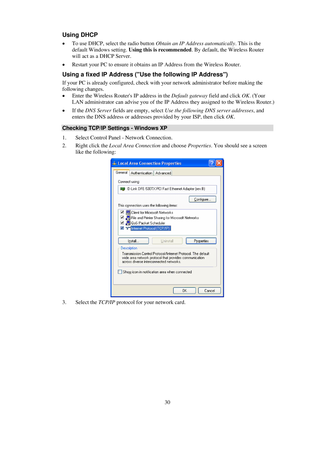 Abocom WAP2102 Using Dhcp, Using a fixed IP Address Use the following IP Address, Checking TCP/IP Settings Windows XP 