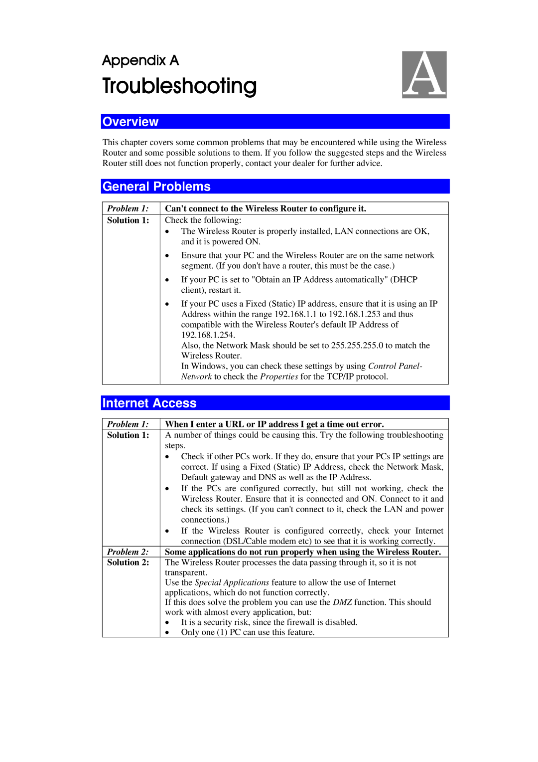 Abocom WAP2102 manual Troubleshooting, General Problems, Internet Access 