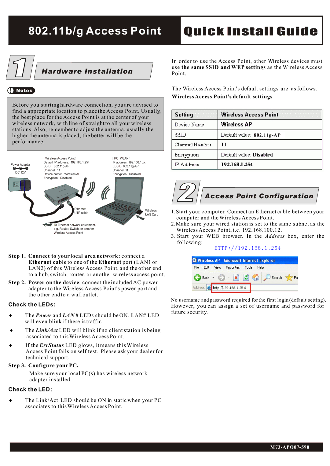 Abocom WAP253 manual 802.11b/g Access Point, Quick Install Guide, Hardware Installation, Access Point Configuration 