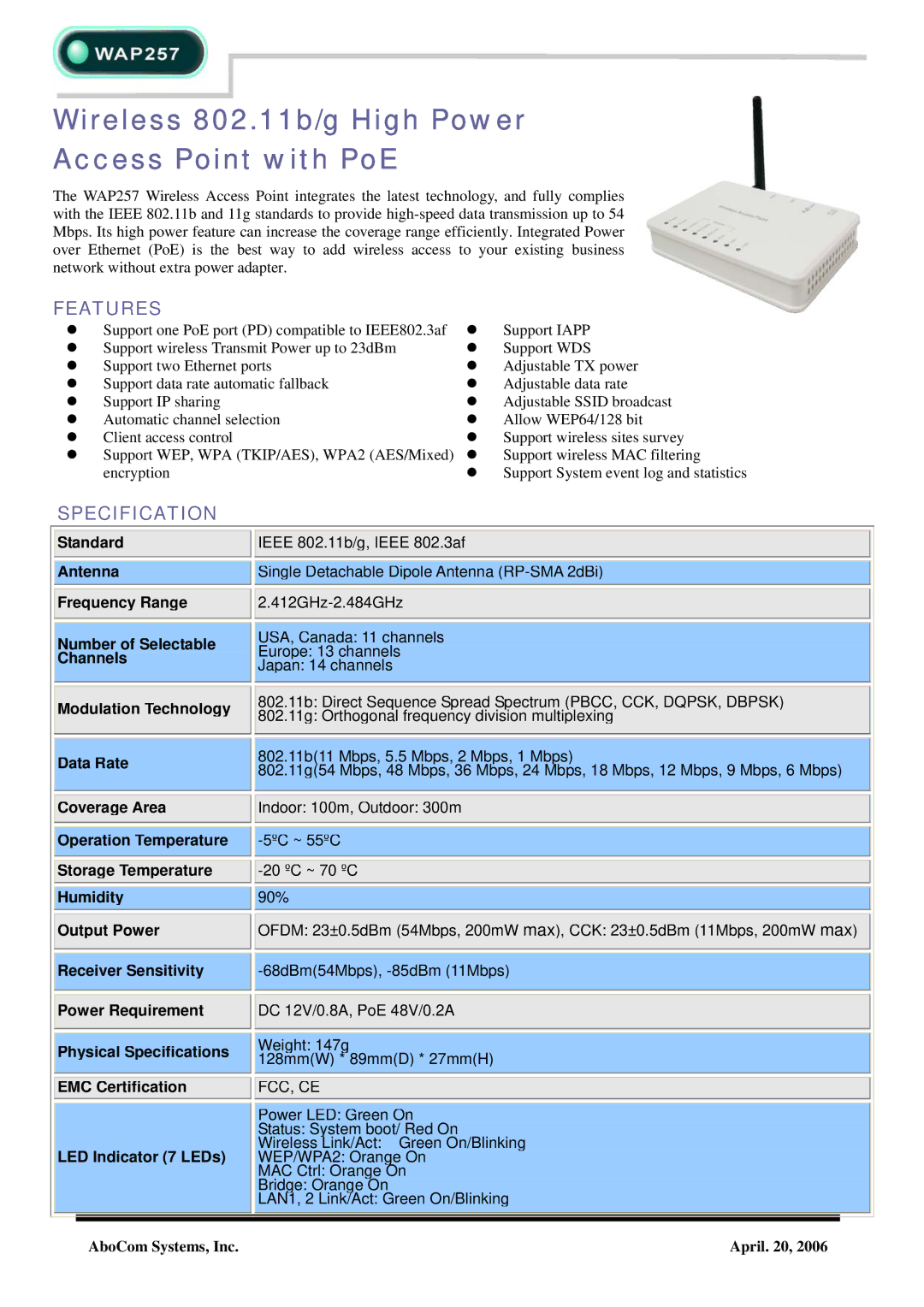 Abocom WAP257 specifications Wireless 802.11b/g High Power Access Point with PoE, Features, Specification 