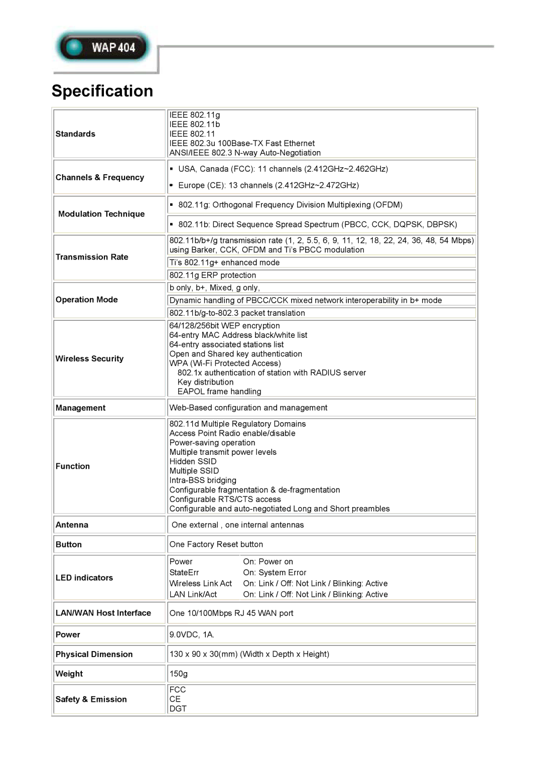 Abocom WAP404 manual Specification 