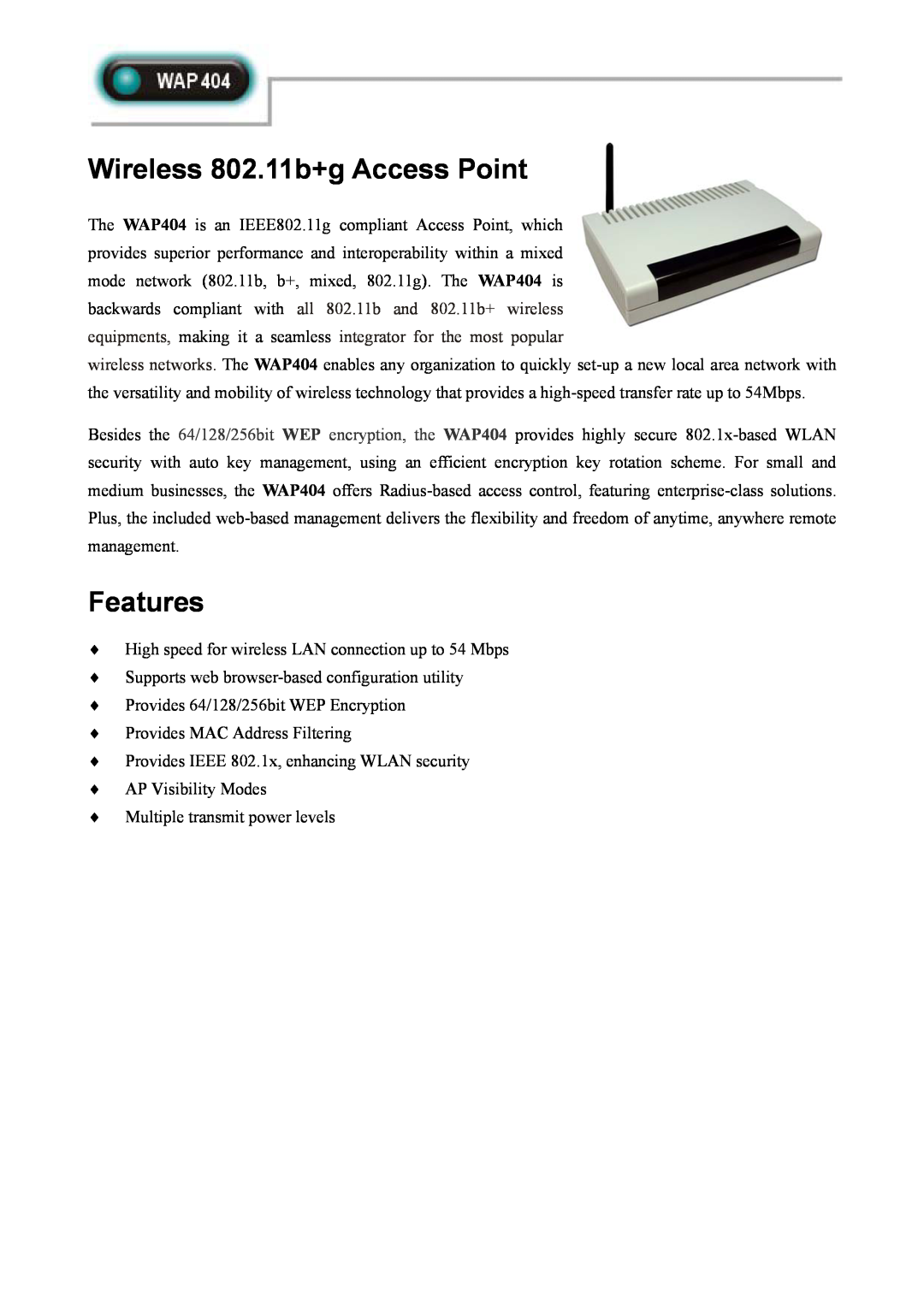 Abocom WAP404 manual Wireless 802.11b+g Access Point, Features 