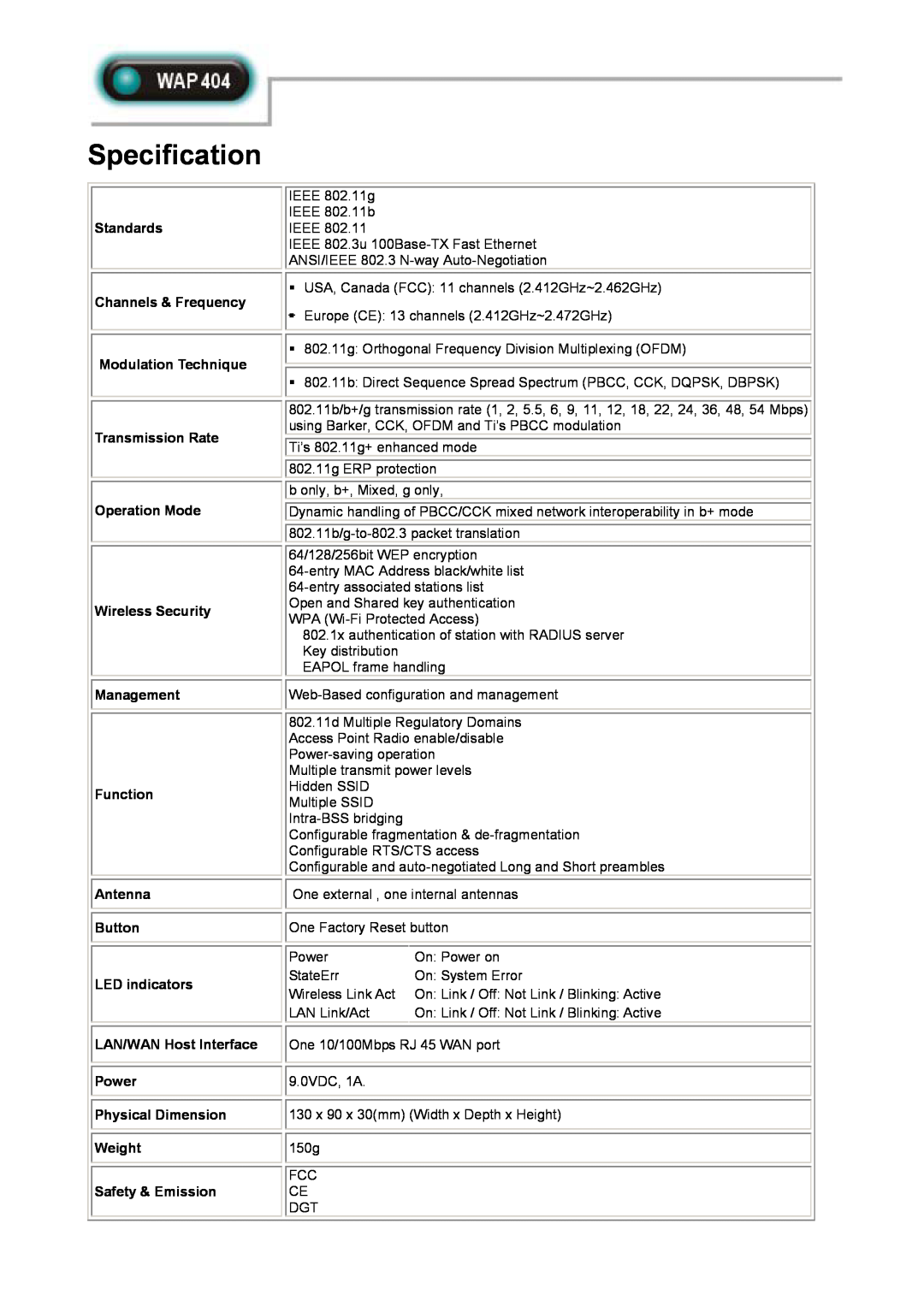 Abocom WAP404 Specification, Standards Channels & Frequency Modulation Technique Transmission Rate, Safety & Emission 