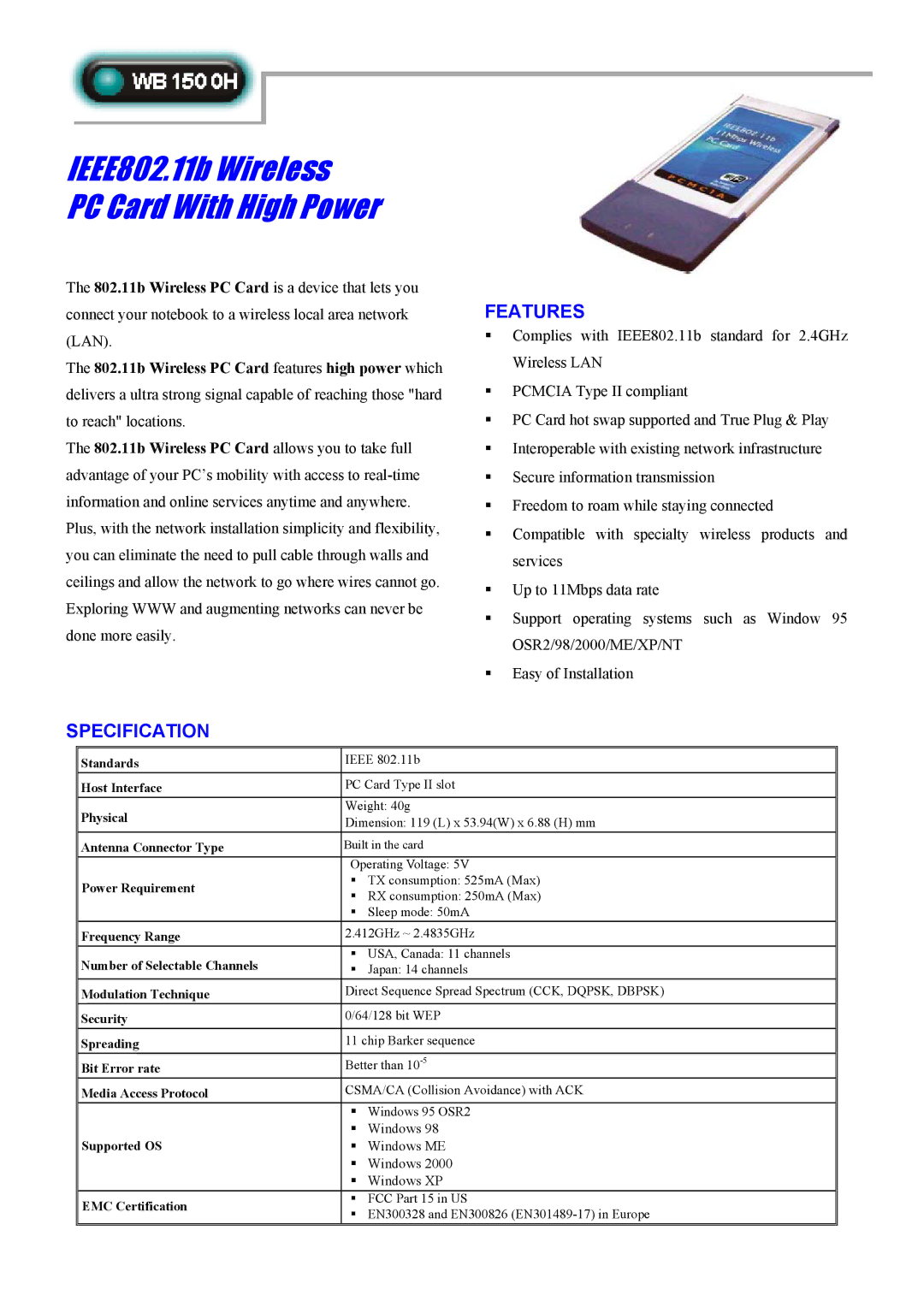 Abocom WB1500H specifications IEEE802.11b Wireless PC Card With High Power, Features, Specification 