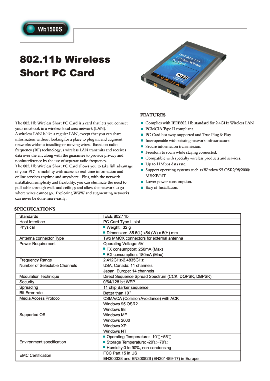 Abocom Wb1500S specifications 802.11b Wireless Short PC Card, Features, Specifications 