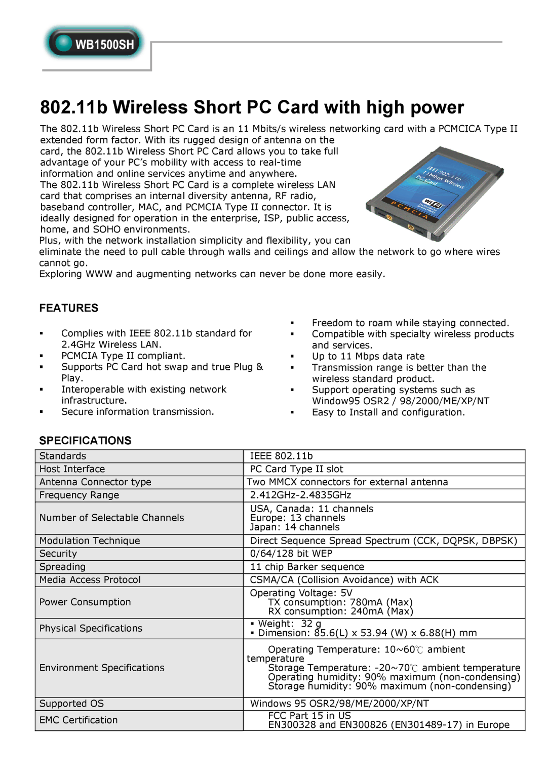 Abocom WB1500SH specifications 802.11b Wireless Short PC Card with high power, Features, Specifications 