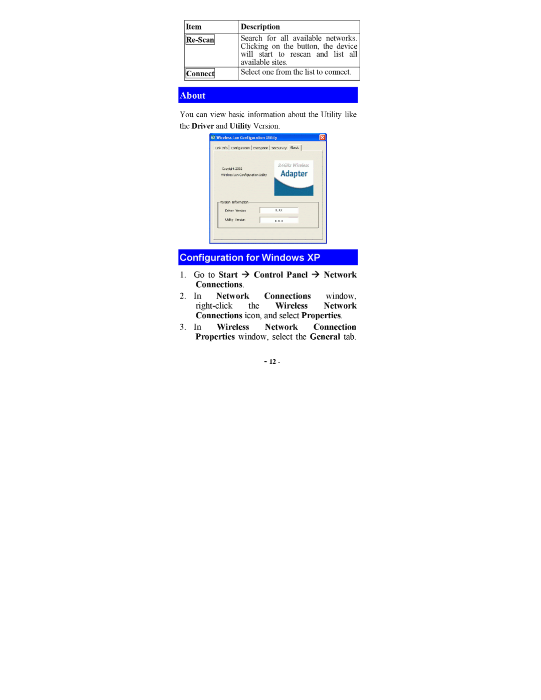 Abocom WB2000 manual About, Go to Start Æ Control Panel Æ Network Connections 